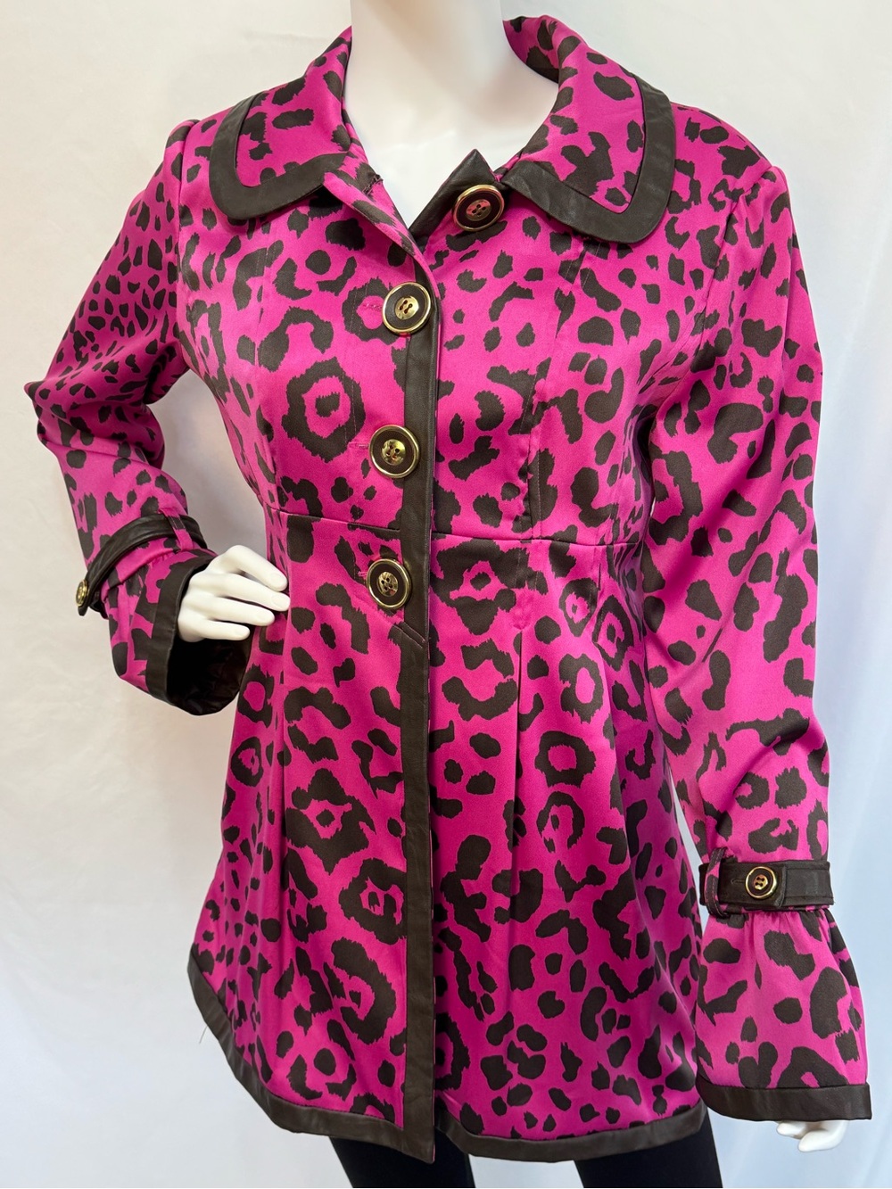 Sele’ Vintage Fuchsia Magenta Pink Leopard Print Jacket Trench Coat Pea Coat